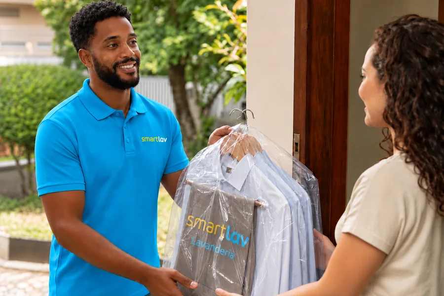 Entregador da SmartLav entregando roupa na porta da cliente em Salvador