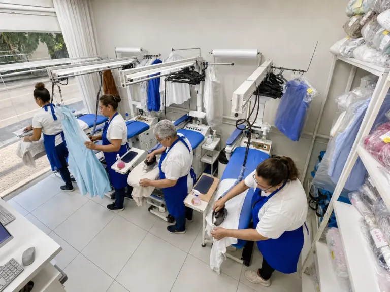 Equipe da SmartLav passando roupas na area de passadoria
