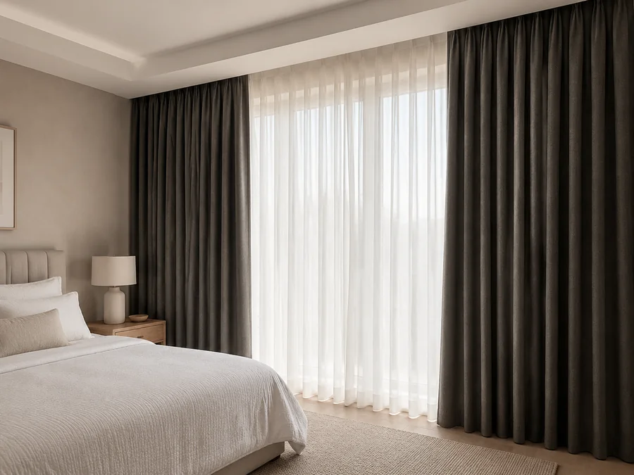 Quarto com cortina blackout de tecido e voil branco por dentro