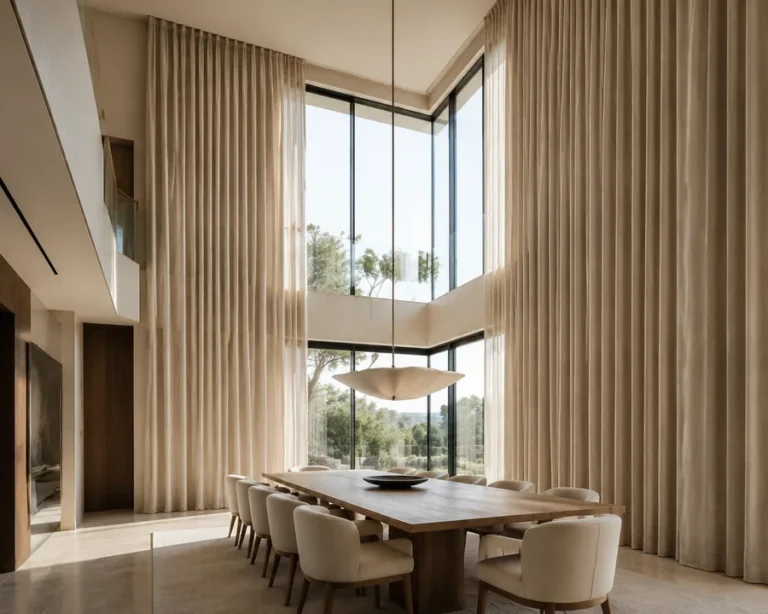 Sala de jantar de pé-direito duplo com cortinas de linho do teto ao chão