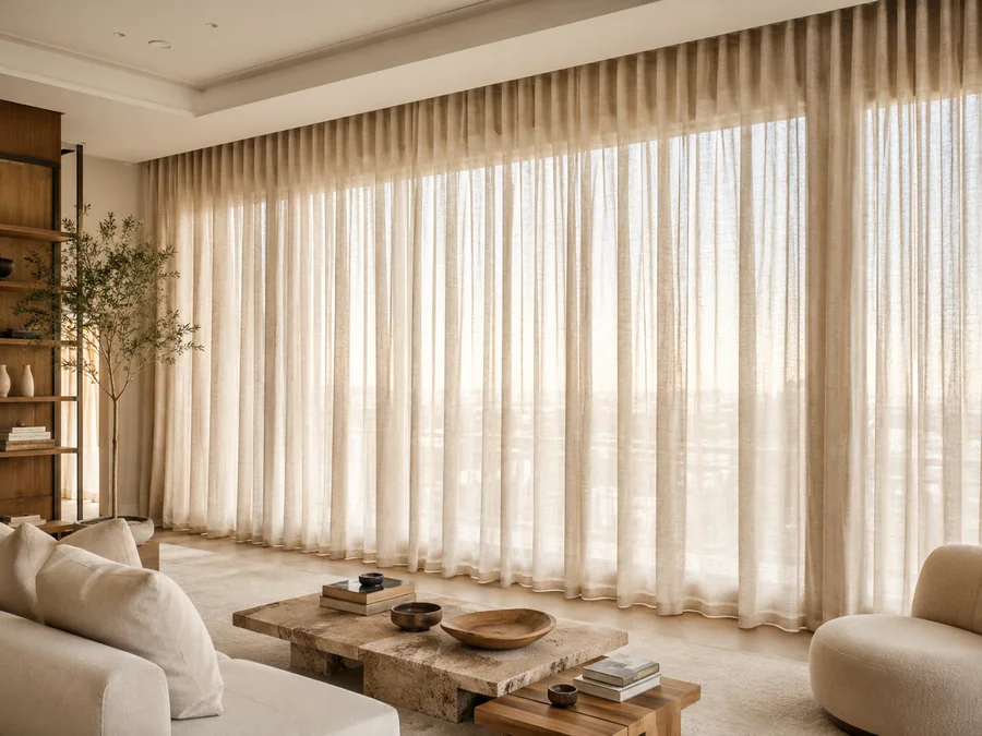 Sala de estar com cortinas de linho claro e luz natural da tarde