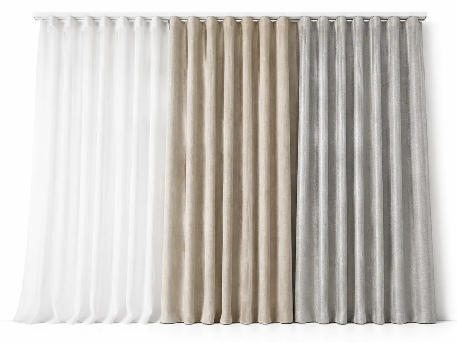 Três cortinas em trilho: voil branco, linho bege e jacquard cinza
