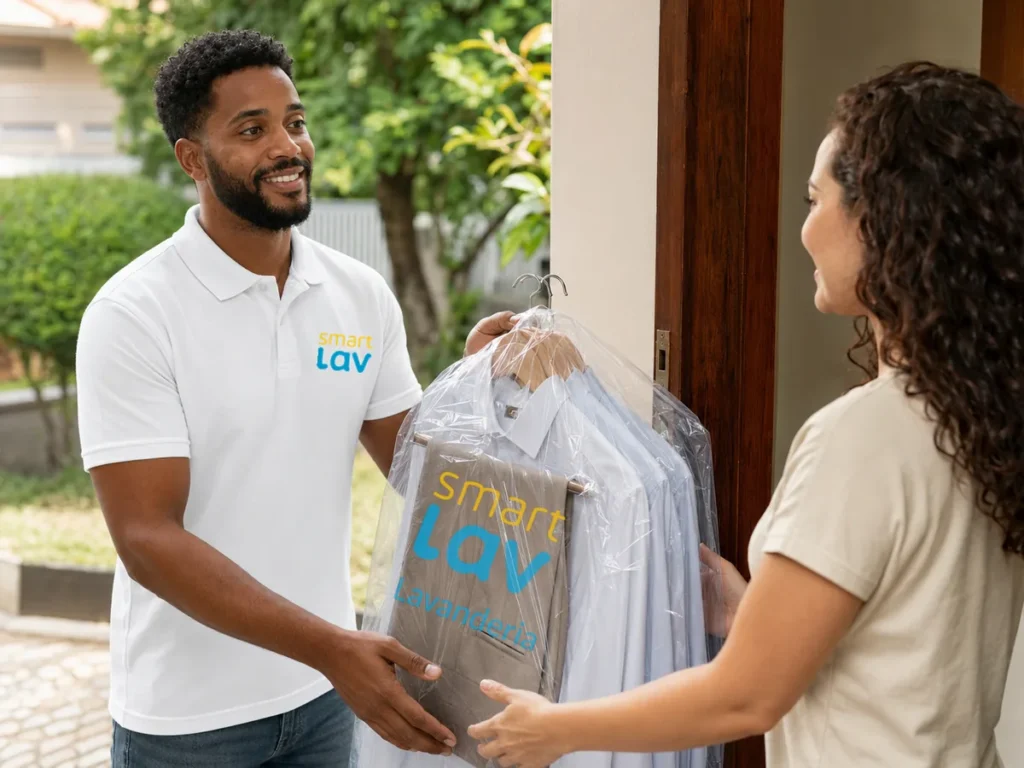 Entregador da SmartLav entregando roupas limpas e embaladas na casa de uma cliente em Salvador