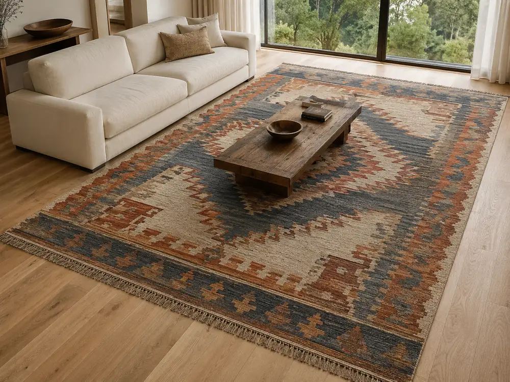 Kilim de lã tecido à mão em sala de estar com piso de madeira