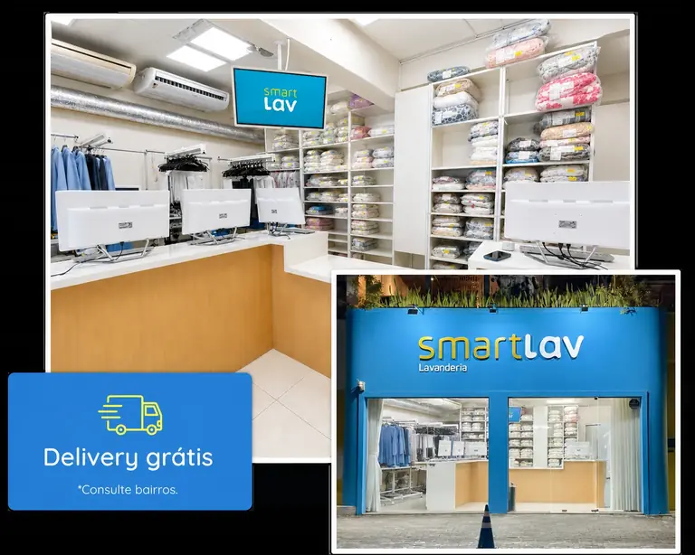 Interior e fachada da lavanderia SmartLav em Salvador, com delivery grátis