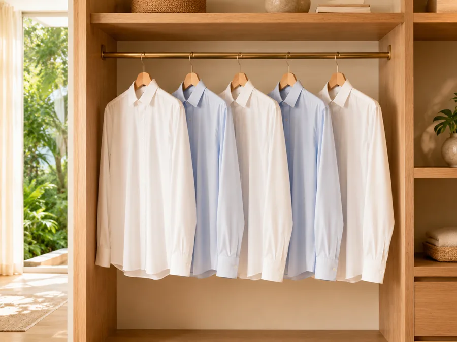 Camisas sociais lavadas e passadas, penduradas em cabides