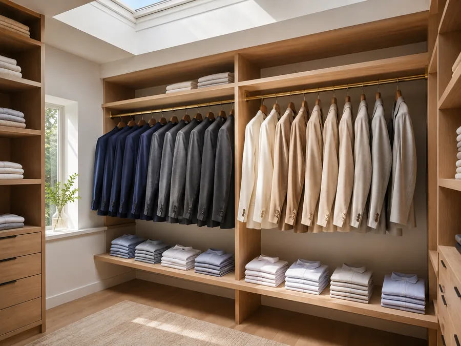 Ternos organizados em um closet claro