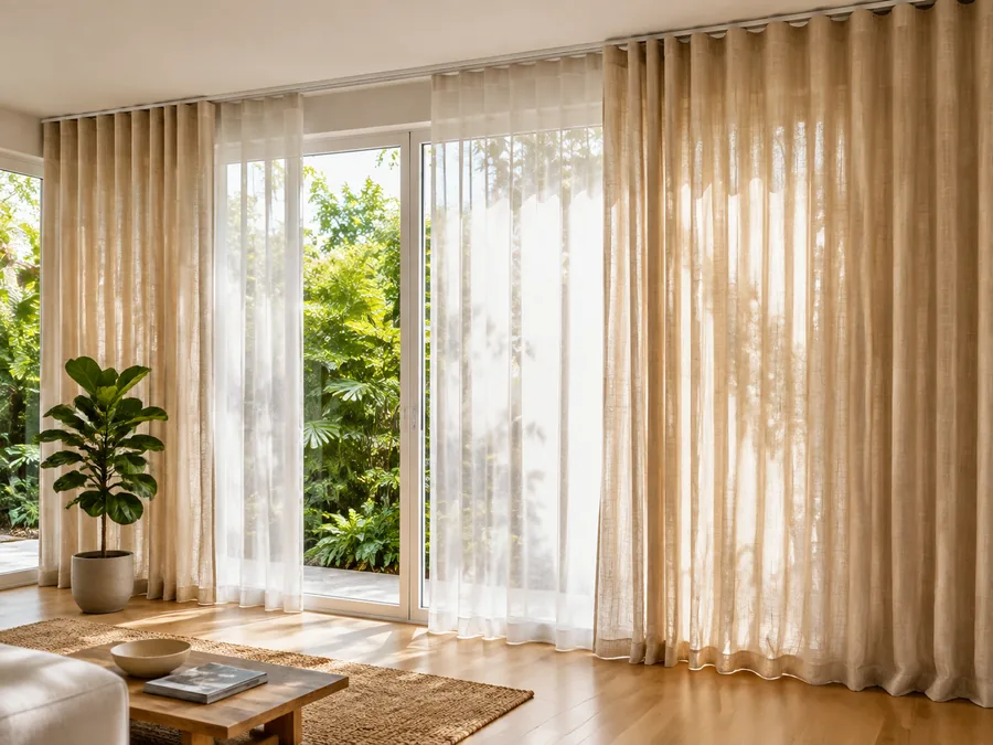 Cortinas de tecidos variados em tons claros