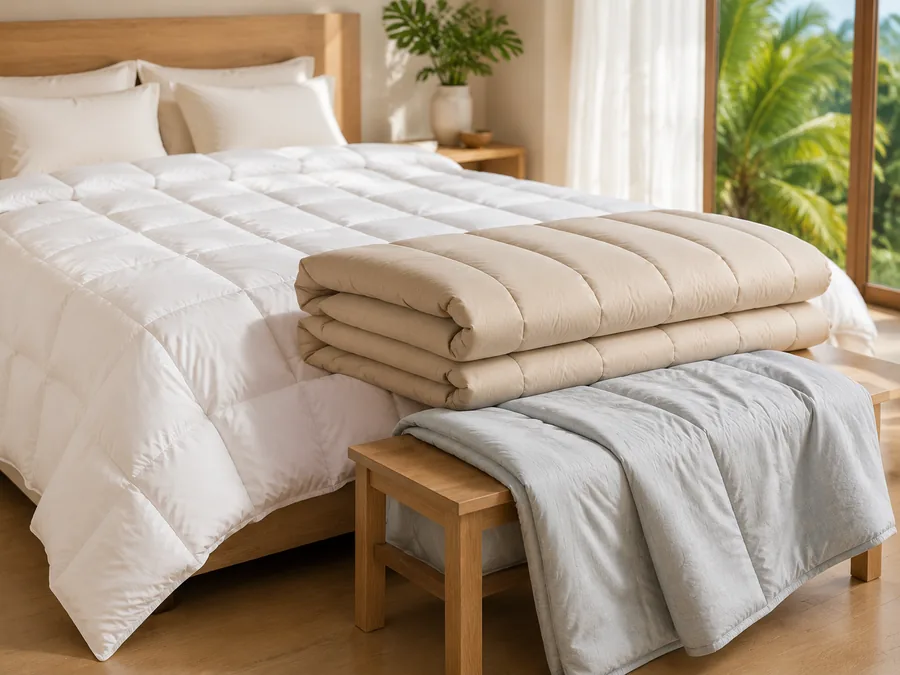 Edredons lavados e dobrados sobre a cama