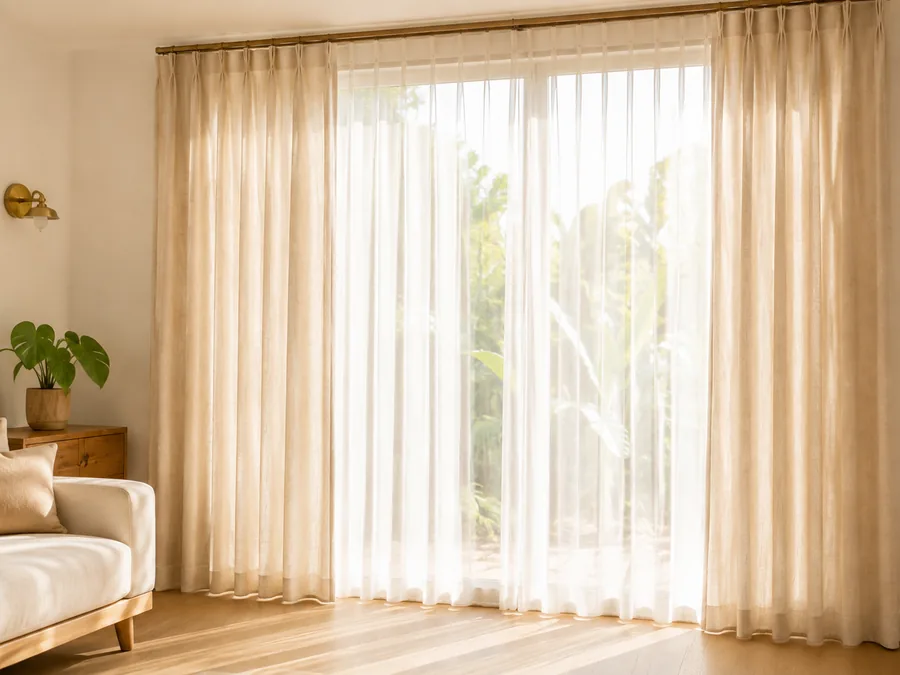 Cortinas claras em uma sala iluminada — lavagem de cortinas da SmartLav