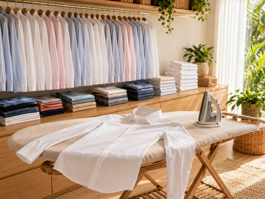 Roupas passadas e penduradas, prontas para usar