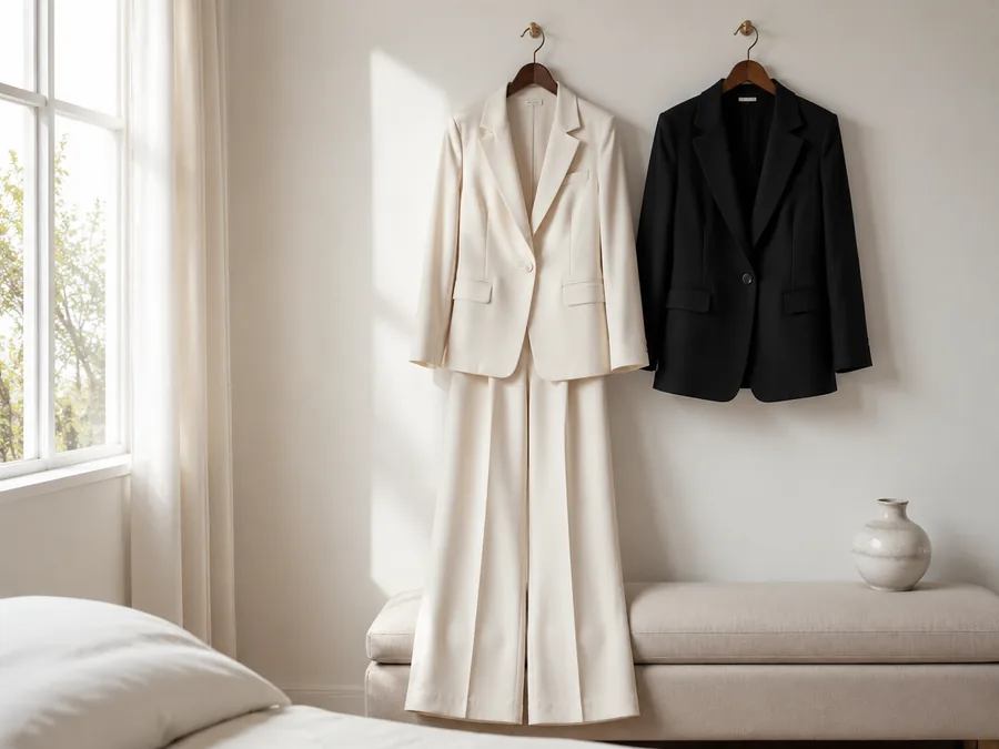 Tailleur feminino sobre a cama em um quarto iluminado